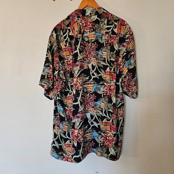 Izod Club Black Hawaiian Shirt L Aloha Car Print Retro 50s Style - Picture 7 of 8
